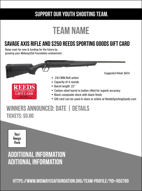 Savage Axis Rifle and $250 Reeds Sporting Goods Gift Card Flyer V1 Product Front