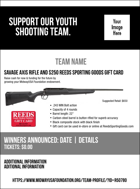 Savage Axis Rifle and $250 Reeds Sporting Goods Gift Card Flyer V2 Product Front
